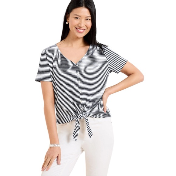 Talbots Tops - Talbots Textured Tie Front Short Sleeve Striped Shirt Size M